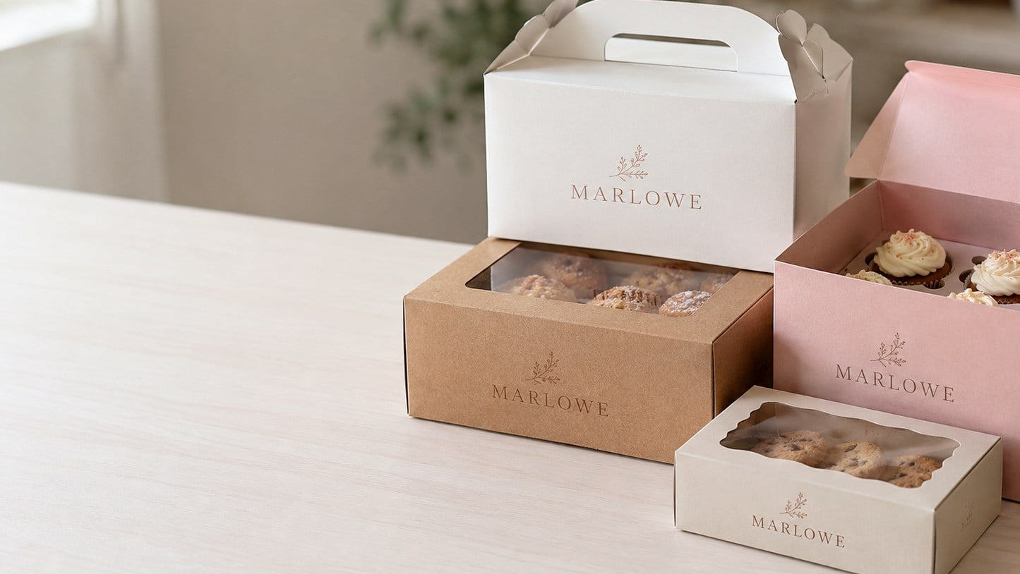 Custom printed bakery boxes with logo stacked on a bakery counter