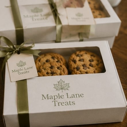 Printed cookie boxes arranged as gifts