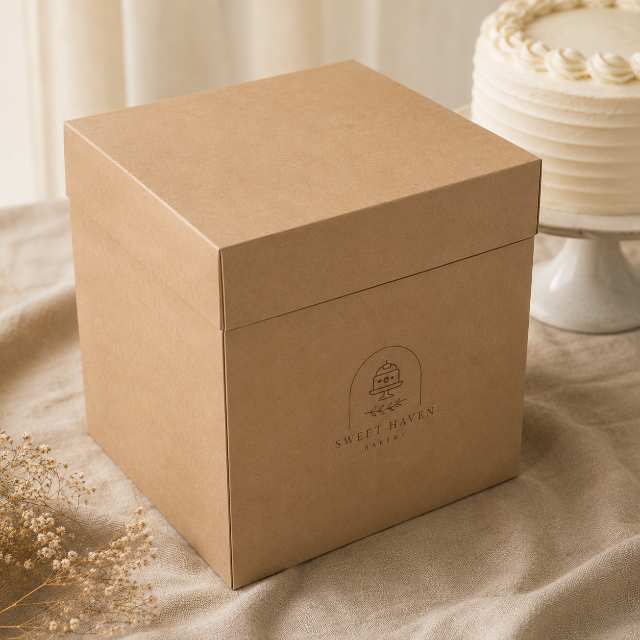 Custom tall cake box for an eight inch cake with bakery branding