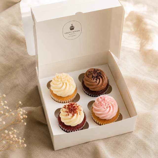 Custom cupcake box with insert holding four cupcakes and bakery logo