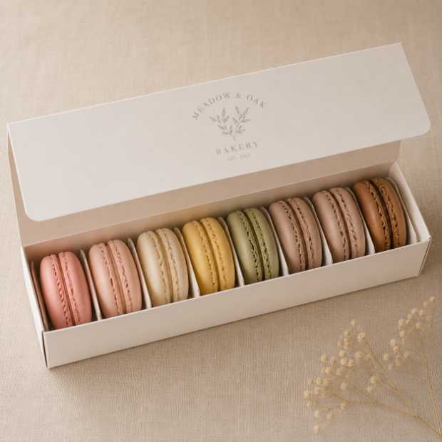 Slim custom-printed macaron box with insert holding six macarons