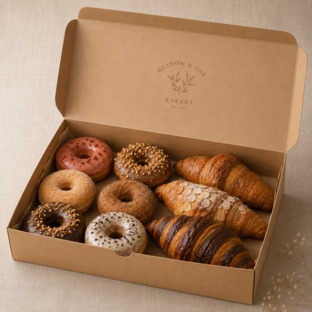 Custom-printed kraft donut and pastry box holding a dozen donuts