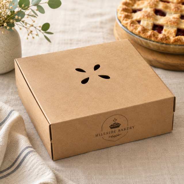 Deep custom-printed kraft pie box with a vented locking lid