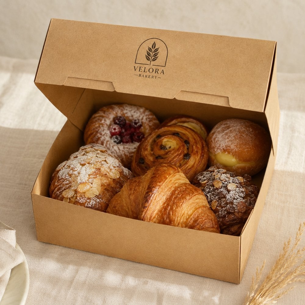 Custom-printed kraft bakery box with shop logo