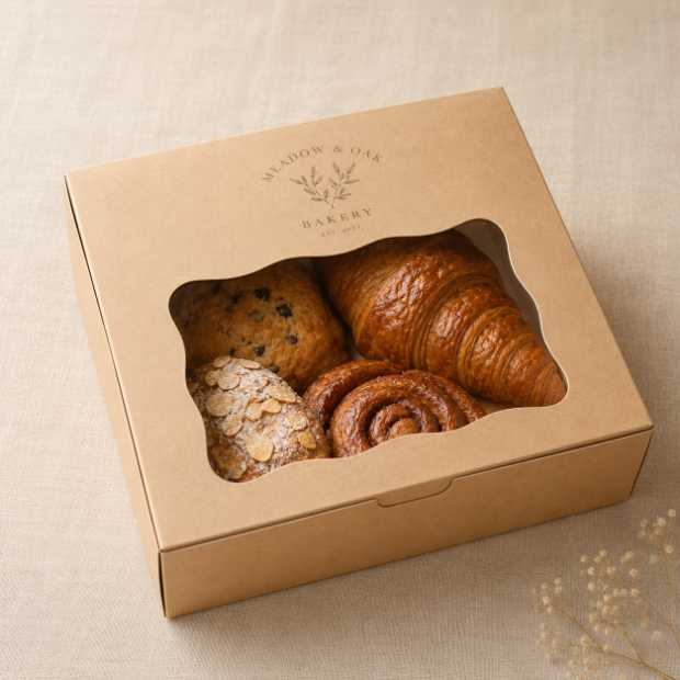 Custom bakery window box showing pastries with printed logo