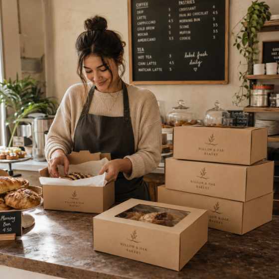Custom branded bakery boxes for a neighborhood bakery and cafe
